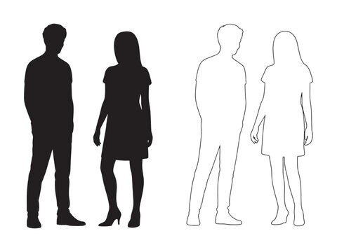 Male and female full body standing black silhouettes and white line contour outlines vector graphic illustration for versatile design needs.
