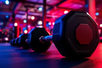 Dumbbells in a Row at Gym: Fitness Equipment, Weight Training, Exercise, Workout, Strength Training, Gym Interior, Red and Blue Lighting, Close-Up