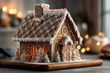 Detailed gingerbread house with glistening roof, chimney, decorated with icing, Christmas trees on wooden tray. Concept of cozy festive atmosphere, spiced cookie structure decorated festive.