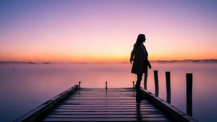 Find serenity and freedom in nature's embrace as a woman stands arms outstretched on a wooden pier at sunrise, a peaceful misty landscape unfolding before her, promoting wellness and mindful living