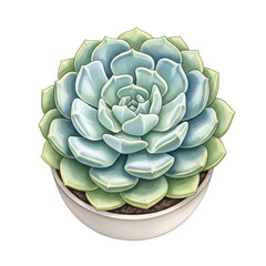 Obraz premium Succulent in Ceramic Pot: An eye-level close-up of a vibrant succulent with layered petals of delicate blue and green hues, nestled within a simple, modern ceramic pot.