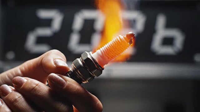 Close Up Hand Holding Glowing Spark Plug With 2026 Background