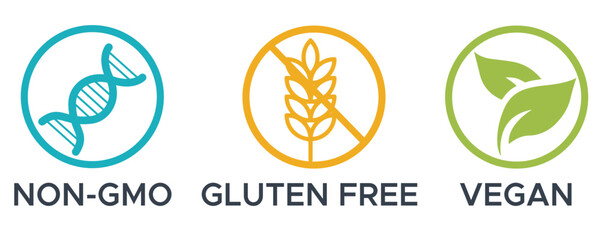 Vegan, Non-GMO, Gluten free icon set, Vegan, Non-GMO, Gluten free vector set