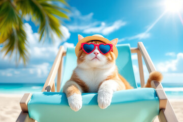 Cat on Beach Vacation: Relaxing Ginger Tabby in Sunglasses & Hat on Lounge Chair, Tropical Paradise, Summer Vibes Stock Photo