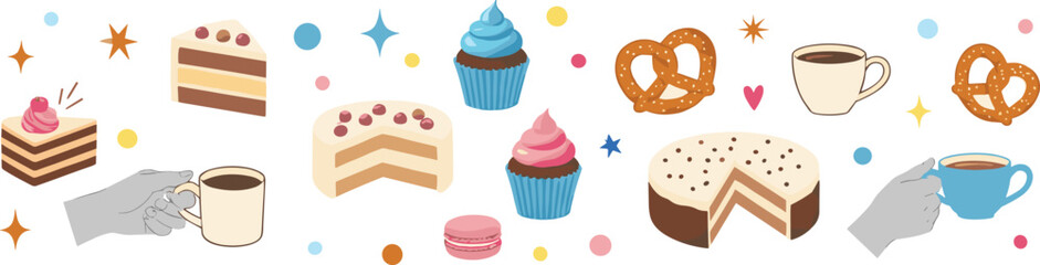 Dessert and drink icon vector—cakes, cupcakes, pretzels, coffee cups, and festive hands for celebration, bakery, and sweet visuals