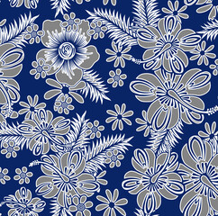 Elegant floral pattern perfect for textile design, with gray flowers and white leaves on rich blue creating a modern, tropical vibe for fashion and interiors