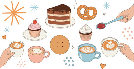 Dessert and drink icon vector—cakes, cupcakes, cookies, pretzels, coffee cups, and cozy hands for sweet celebration visuals