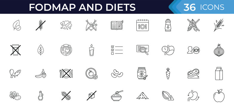 Vector line icons of FODMAP diet, gut health, digestion, food intolerance, allergy, nutrition guidance, healthy eating, and ingredient restrictions illustration.
