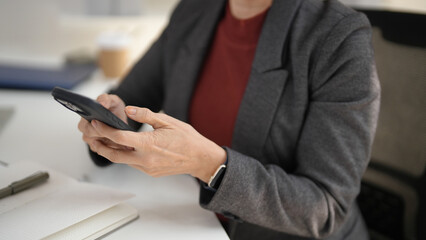 Experienced Business Executive Hands Expertly Operate Smartphone Digital Communication Modern Office Environment Professional Technology Connectivity