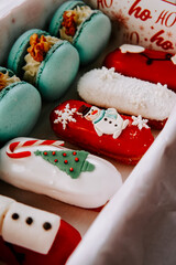 Colorful holiday treats displayed in a festive box for the season