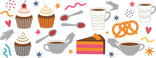 Dessert and drink icon vector—cupcakes, cake slice, coffee cups, pretzels, jam spoons, and festive hands for sweet celebration visuals