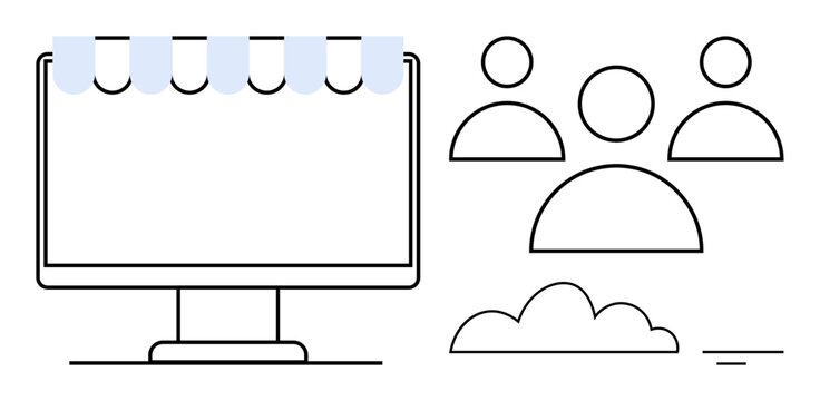 Digital networking concept. Digital networking ed through computer screen, people icons, and cloud symbol. Digital networking visualizes online communication and cloud-based collaboration. For web