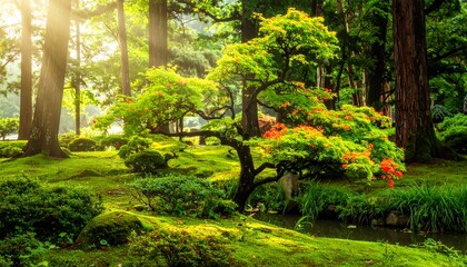 Serene garden scene with lush greenery, trees, and sunbeams