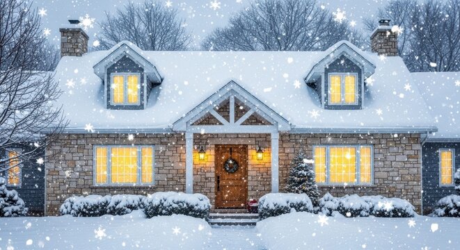 Cozy Winter Haven: A charming, snow-covered house radiates warmth with its inviting lights. Snowflakes gently fall, enhancing the tranquil atmosphere and highlighting the architectural charm. 