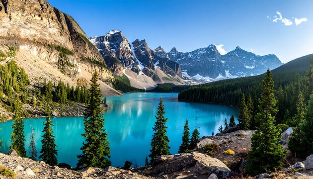 Scenic landscape view of a turquoise lake and snow-capped mountains