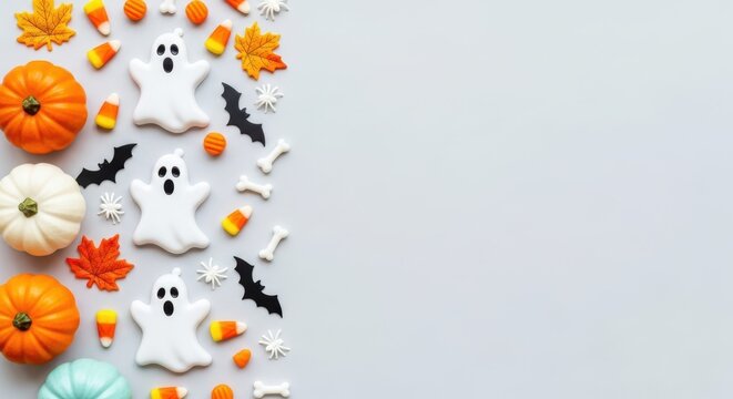 Spooky Halloween Treats: An enchanting collection of Halloween decorations, featuring pumpkins, ghosts, and candies arranged against a clean backdrop, perfect for festive seasonal use. - Powered by Adobe