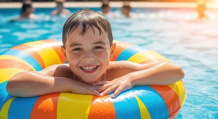 Poolside Bliss: A young boy, radiating joy and fun, floats peacefully in a refreshing swimming pool, embracing the essence of a sun-kissed day.