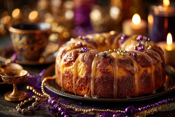 Close-up of King Cake with glaze, purple beads on top. Concept of warm atmosphere, sweet bread cake almond cream, festive decorations, inviting lighting.