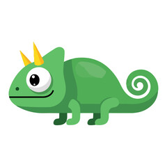 Cartoon Green Chameleon with Yellow Horns and Swirly Tail.