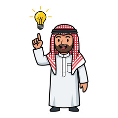 Cartoon Arab Man with Idea Light Bulb Above Head.