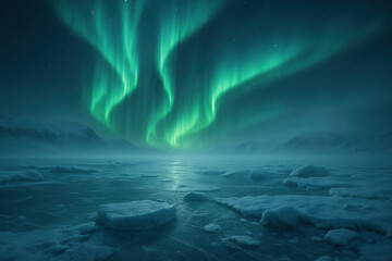 Spectacular aurora borealis display over a frozen arctic landscape at night