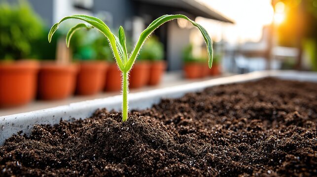 Spring campaign freshness: centered sprout, side forest copy-area for mall banner, bus-stop ad or e-commerce spring landing