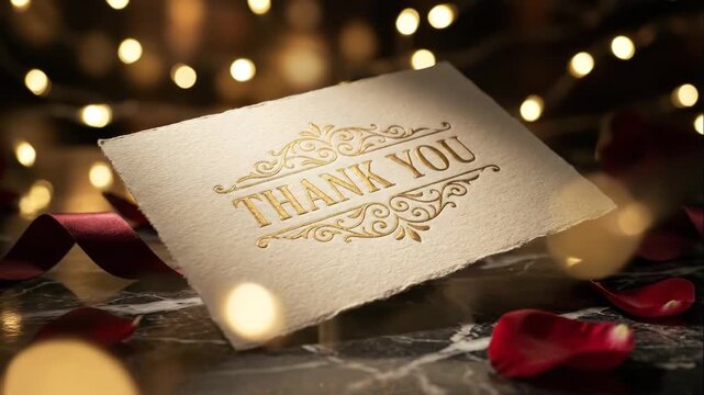 Elegant thank you card with gold script on a romantic background. Shimmering bokeh lights and rose petals for a special celebration. Message of gratitude and appreciation