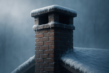 Snow-covered brick chimney on a winter day with a blurred background