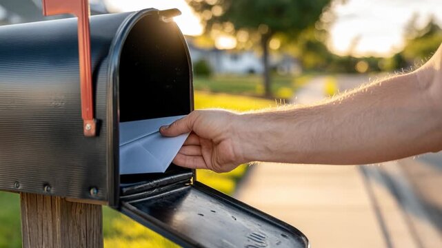 A person's hand places a white letter envelope into an open black mailbox, with a residential street in the background under warm sunlight.