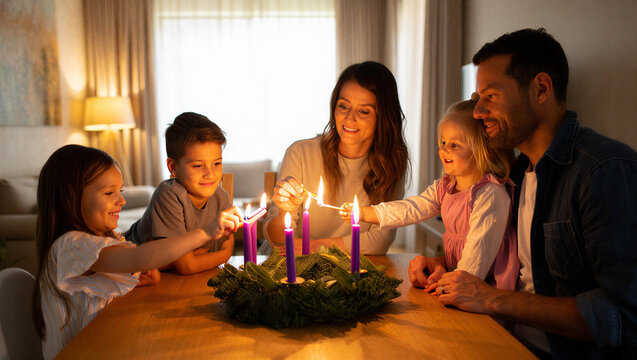 A happy family gathers around a table to light candles on an advent wreath during the christmas season First Sunday of Advent - Powered by Adobe