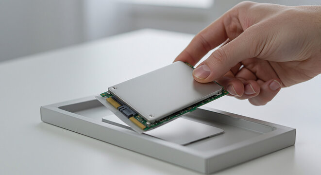 A technician is installing a solid-state drive (SSD) into an enclosure as part of a computer hardware assembly. Concept of computer data storage hardware.