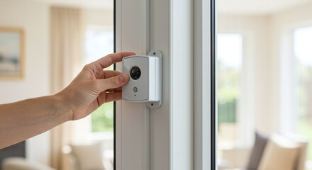 A person installs a smart motion sensor on a window frame for a home security system. Concept of a smart home security sensor.