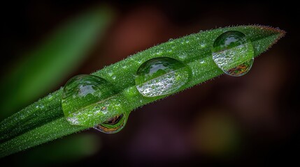 Spring hydration campaign: hi-res twin water drops on leaf edge, upper copy-space for promo tag—cosmetics launch or water brand billboard