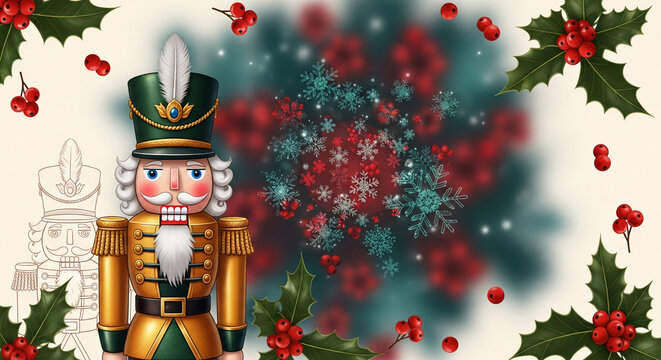 Illustration of nutcracker figure with foliage and snowflake elements, showcasing festive holiday season, representative of Christmas, tradition and decoration