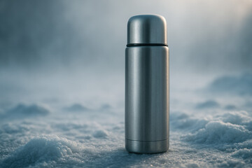 Stainless steel thermos bottle in a snowy landscape with soft, diffused lighting