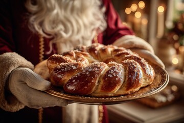 Santa Claus holds King Cake, a braided loaf dusted with powdered sugar. Concept of warm, festive atmosphere, sweet bread cake almond cream adds to cozy holiday spirit.