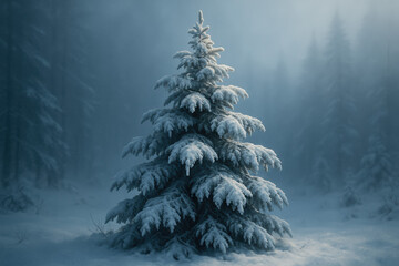 Snow-covered evergreen tree in a misty winter forest landscape