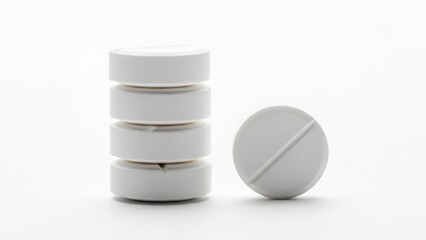 Round white pills stacked and isolated on a white background, representing medication and health