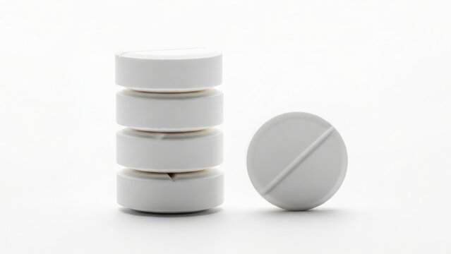 Round white pills stacked and isolated on a white background, representing medication and health