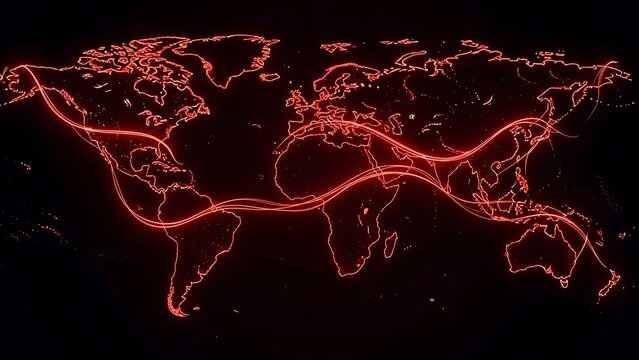 Vibrant neon world map outline glowing with fiery red and orange energy on a dark black background - Powered by Adobe