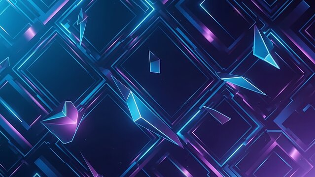 Abstract geometric neon grid with shimmering blue and purple light reflections creating a futuristic digital landscape - Powered by Adobe