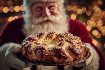 Man with long white beard, wearing red sweater and white gloves, holding King Cake topped with sesame seeds. Concept of warmth, coziness, sweet bread cake almond cream atmosphere.