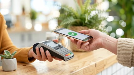 close-up of a customer paying with a smartphone using contactless technology while the cashier holds a card terminal on a shop counter - Powered by Adobe