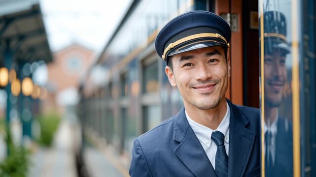 a smiling train conductor standing in the doorway waves warmly, then steps back inside the train to continue his duties