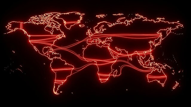 Global network of glowing red lines representing connections and data flow across a stylized world map on a dark background
