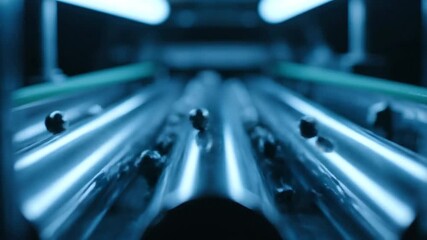 Shiny metal rollers transport small dark spheres onward