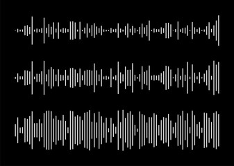 Voice message template set. Equalizer symbols. Audio chat speech sound wave white icons. Flat elements for mobile messenger, podcast online radio interface, music player, app. Waveform simple patterns