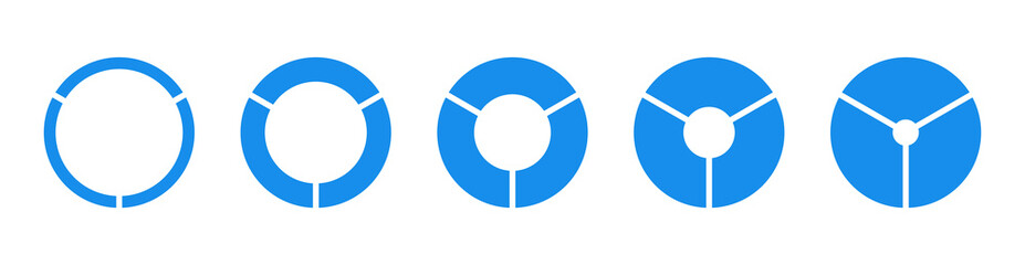 Wheels round divided in three equal sections. Set of diagrams infographic icon. Circle section graph patterns. Pie chart blue mockups. Donut charts, pies segmented on 3 equal parts. Geometric elements