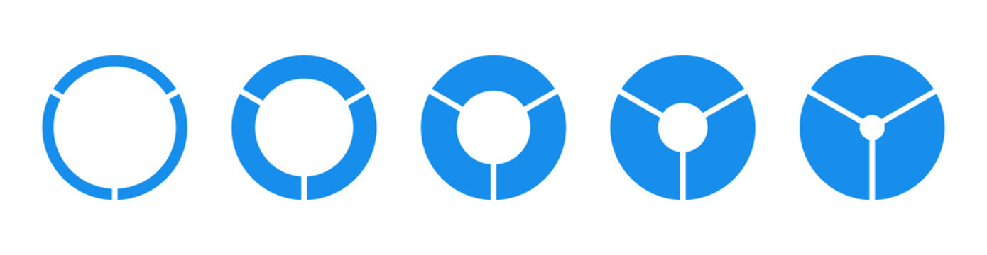 Wheels round divided in three equal sections. Set of diagrams infographic icon. Circle section graph patterns. Pie chart blue mockups. Donut charts, pies segmented on 3 equal parts. Geometric elements