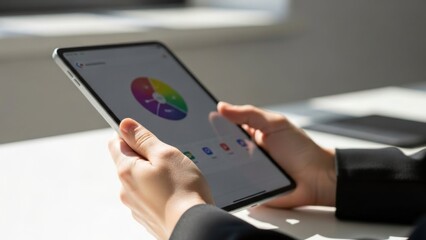 Hands holding a tablet displaying a colorful pie chart and graphs for data analysis and business presentation